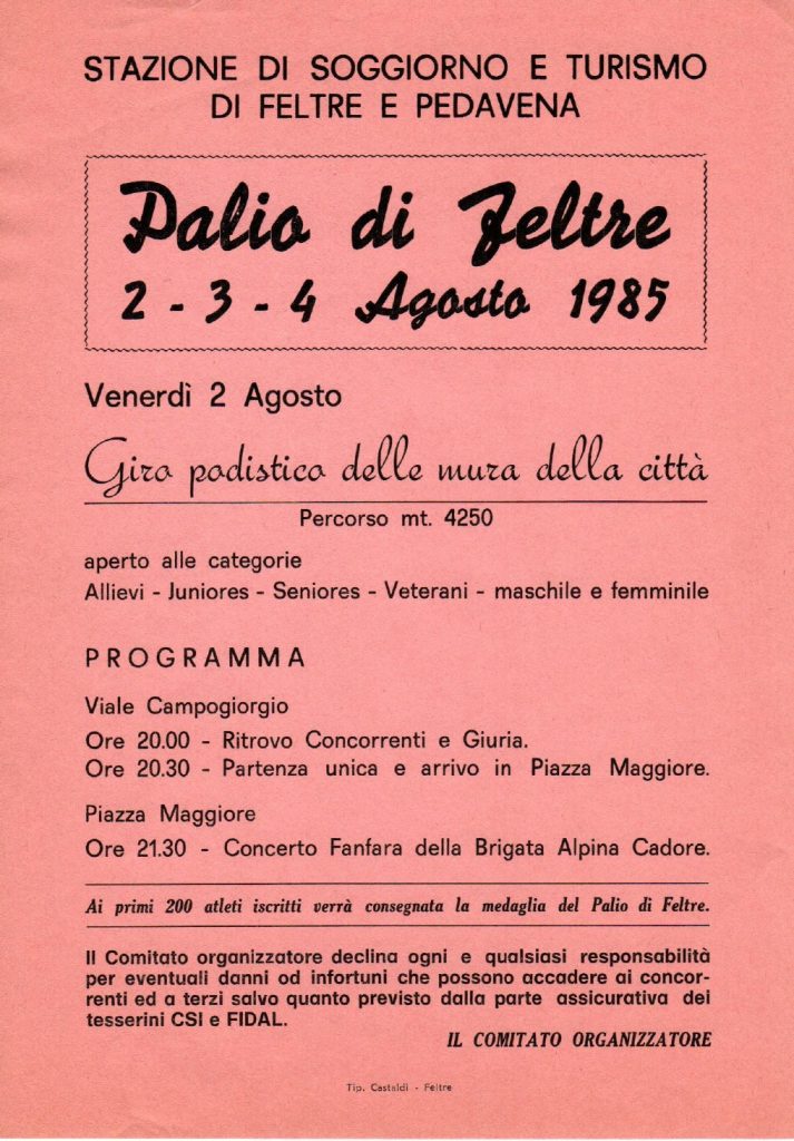 Volantino gara podistica Palio di Feltre 1985