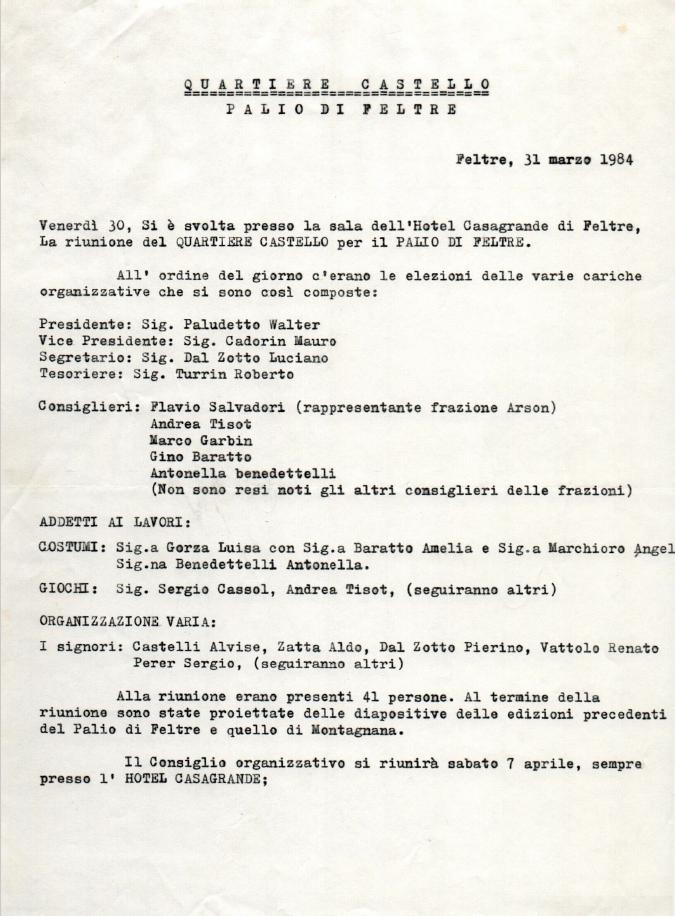 Elezione Cariche Organizzative Quartiere Castello 1984