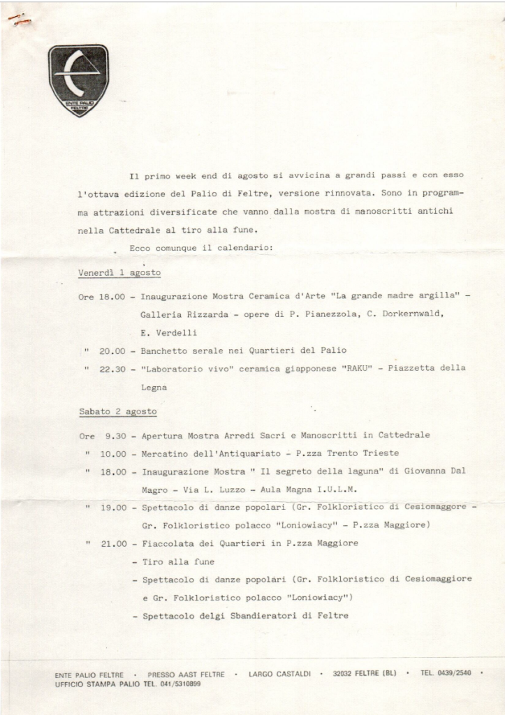 Programma Palio di Feltre, edizione 1986