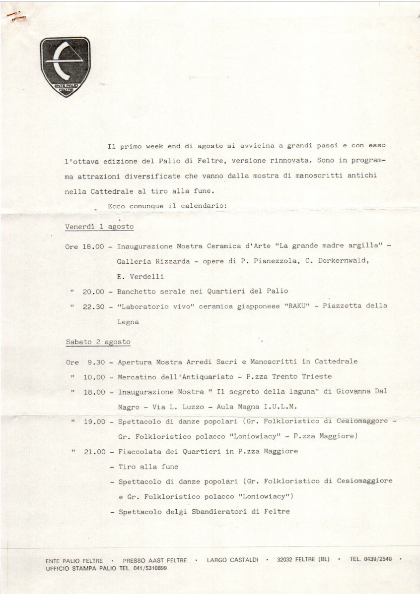Programma Palio di Feltre, edizione 1986