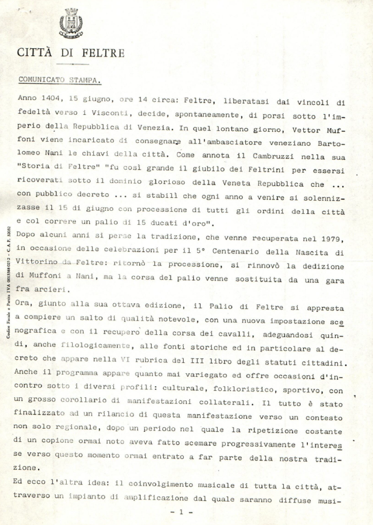 Comunicato Stampa di presentazione Edizione Palio 1986