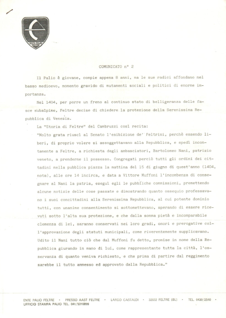 Comunicato Stampa Palio di Feltre 1986