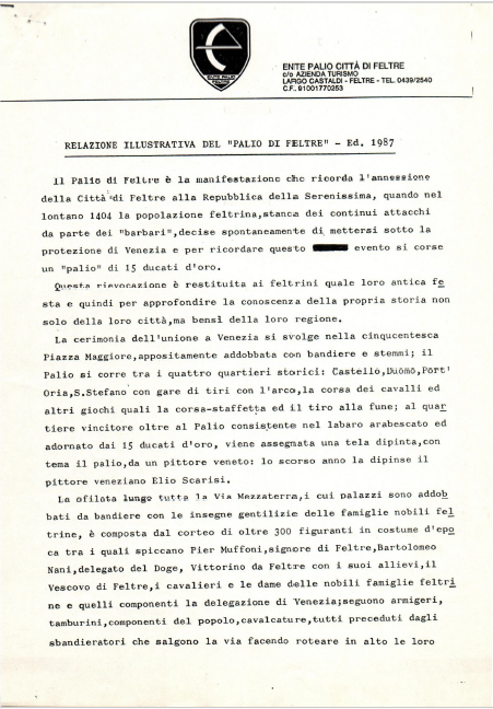 Relazione illustrativa del Palio di Feltre, ed. 1987
