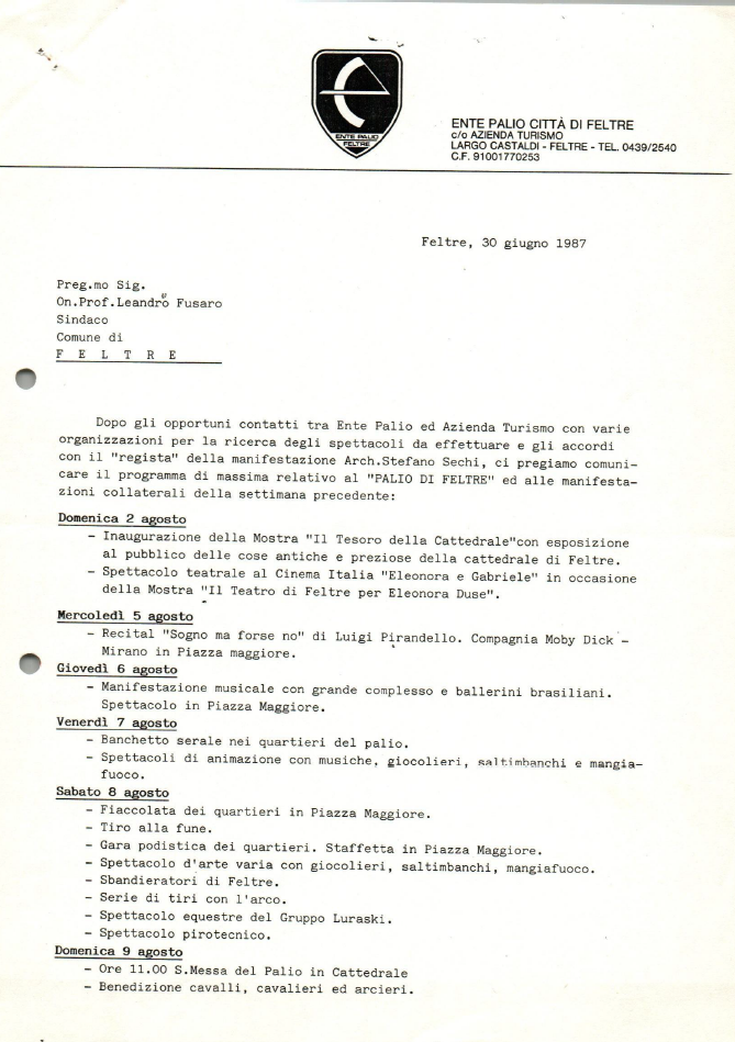 Programma dettagliato Palio di Feltre 1987