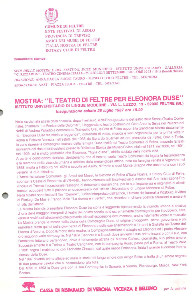 Mostra e festival per Eleonora Duse, 1987