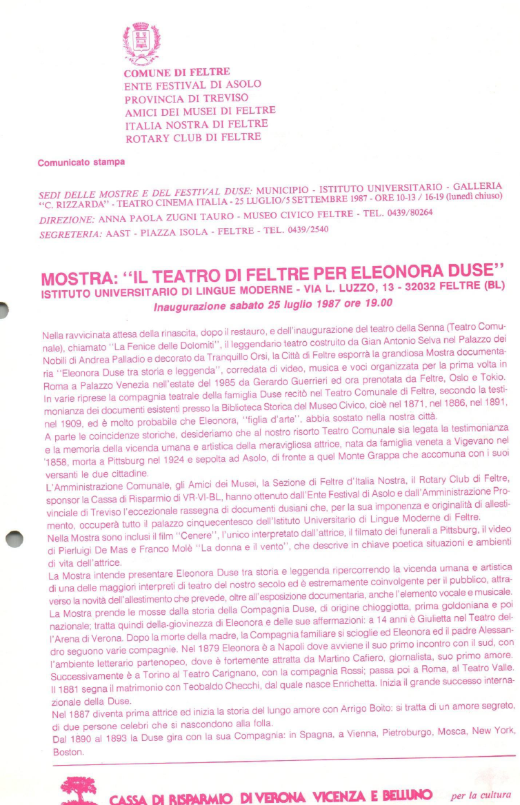 Mostra e festival per Eleonora Duse, 1987