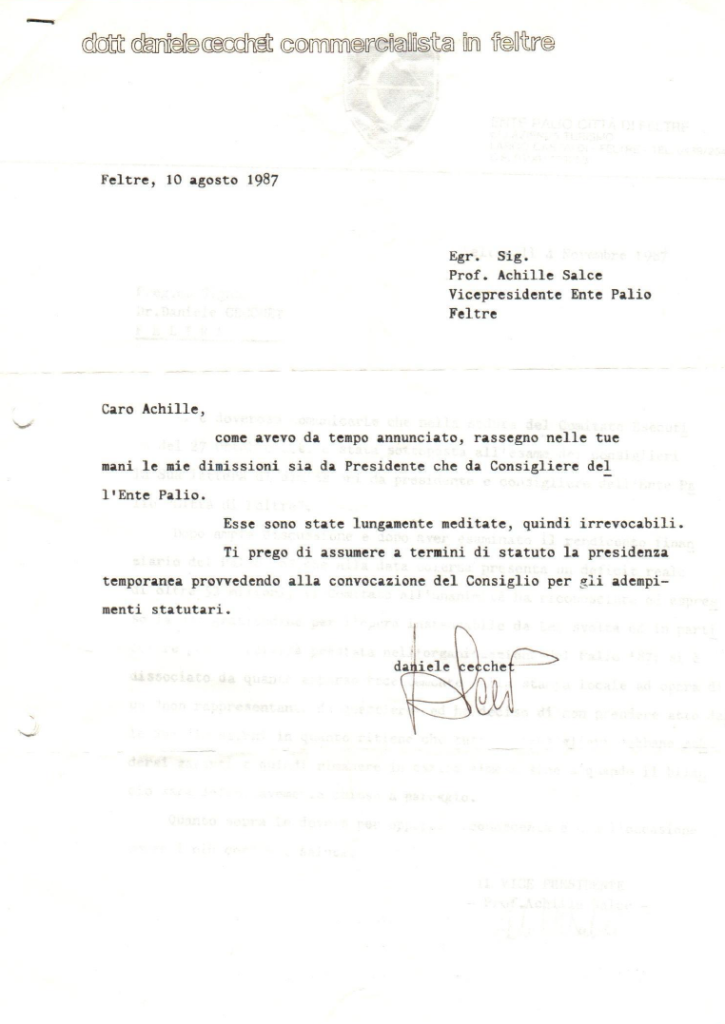 Dimissioni del Presidente Ente Palio Città di Feltre 1987