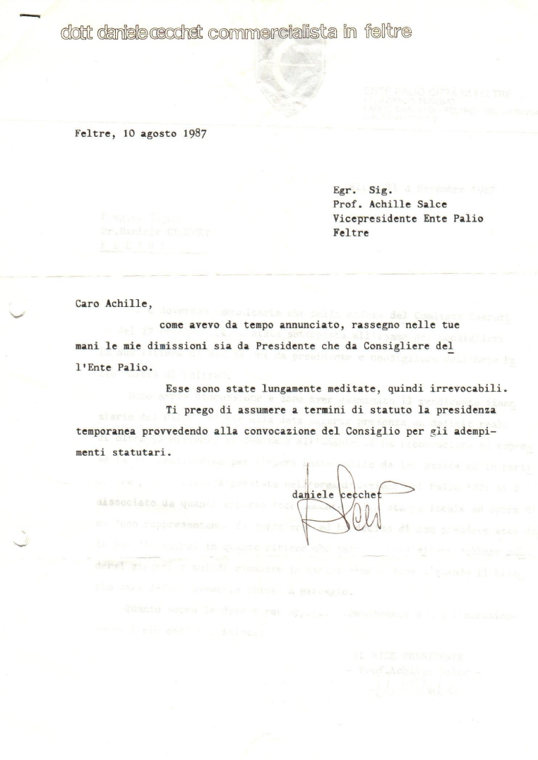 Dimissioni del Presidente Ente Palio Città di Feltre 1987