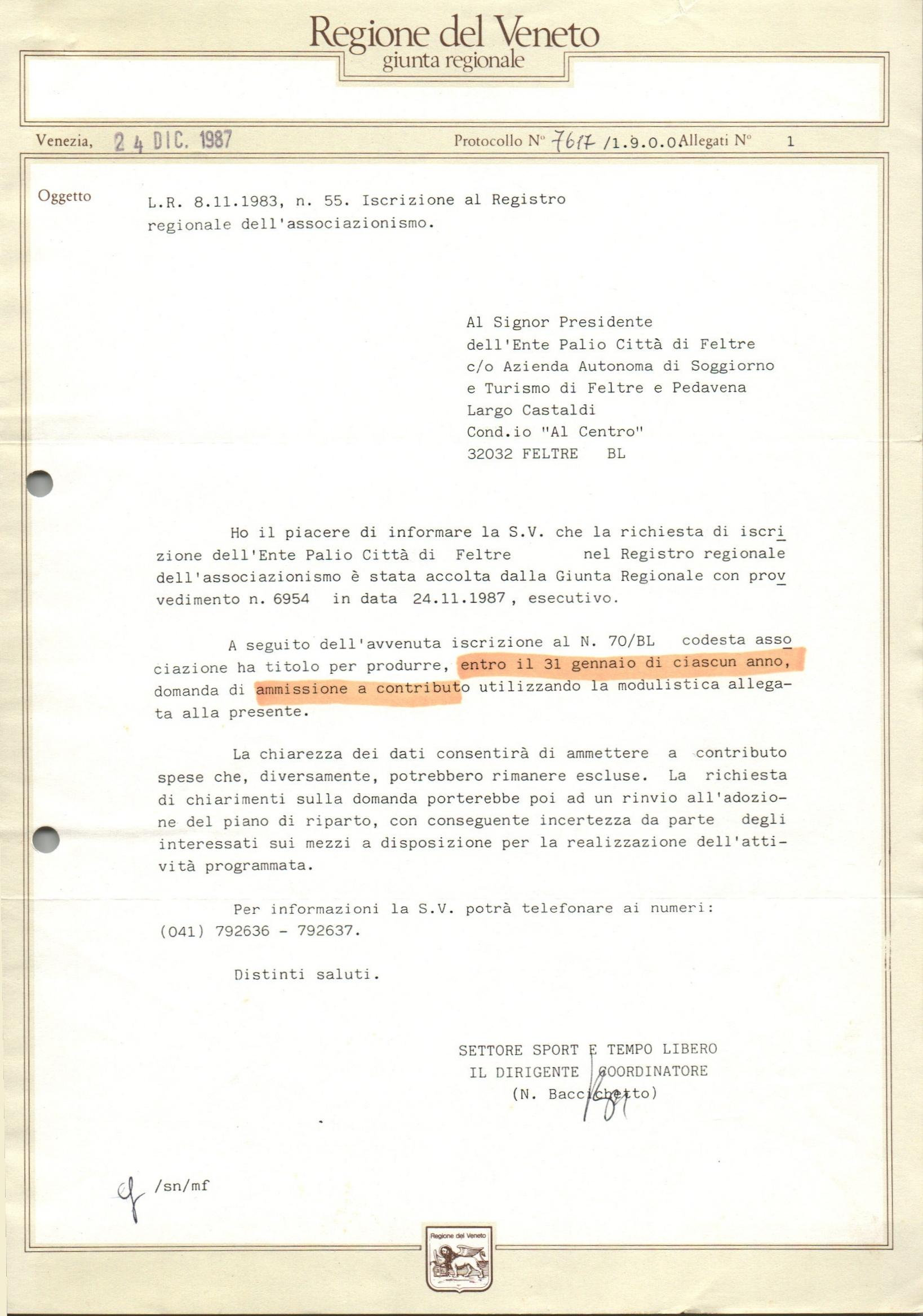 Ente Palio Città di Feltre entra nel Registro regionale associazionismo, 1987