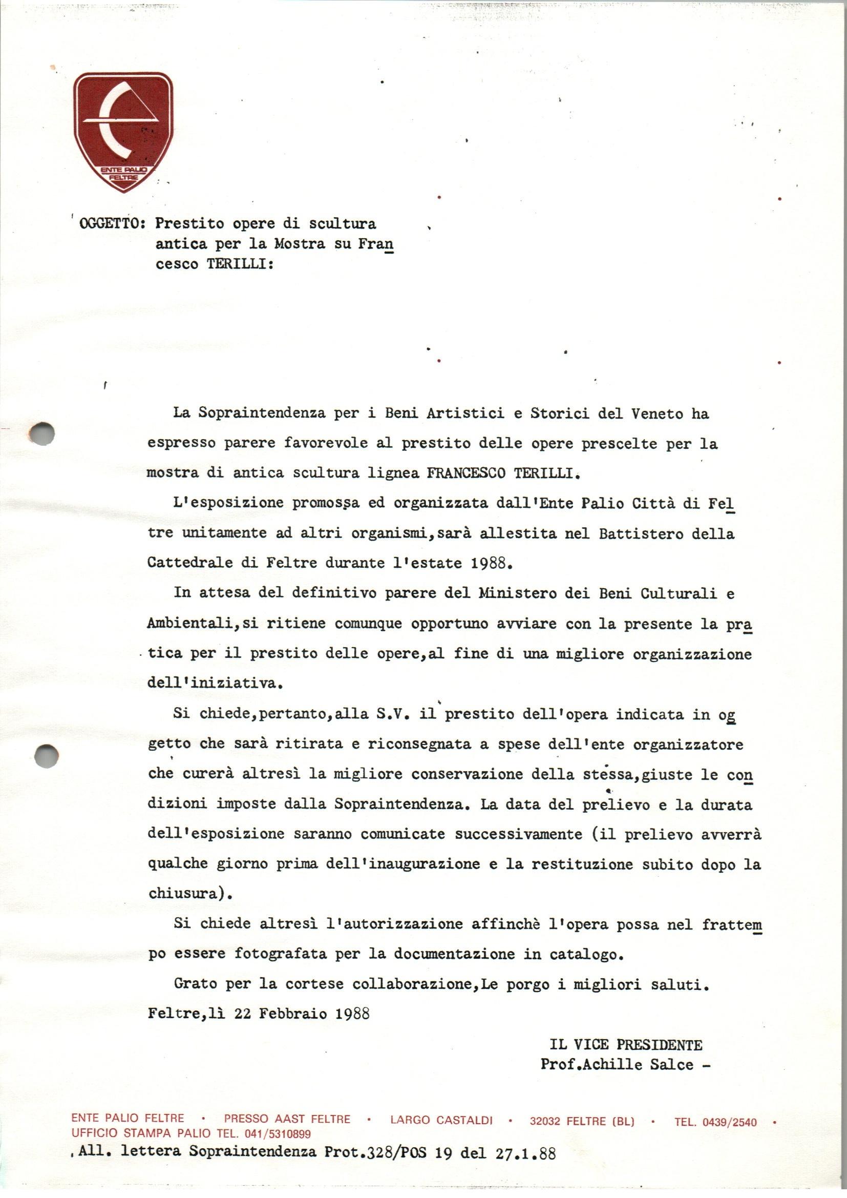 Richieste delle varie opere per Mostra su Francesco Terilli, 1988