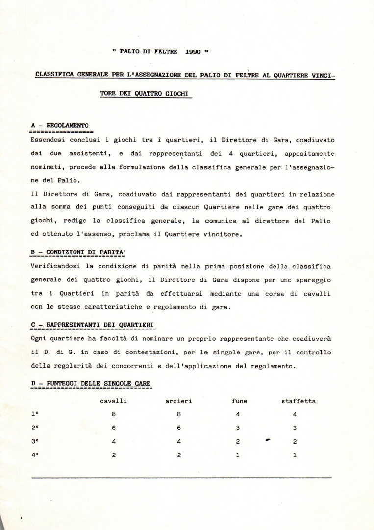 Assegnazione punteggio sfide Palio di Feltre 1990