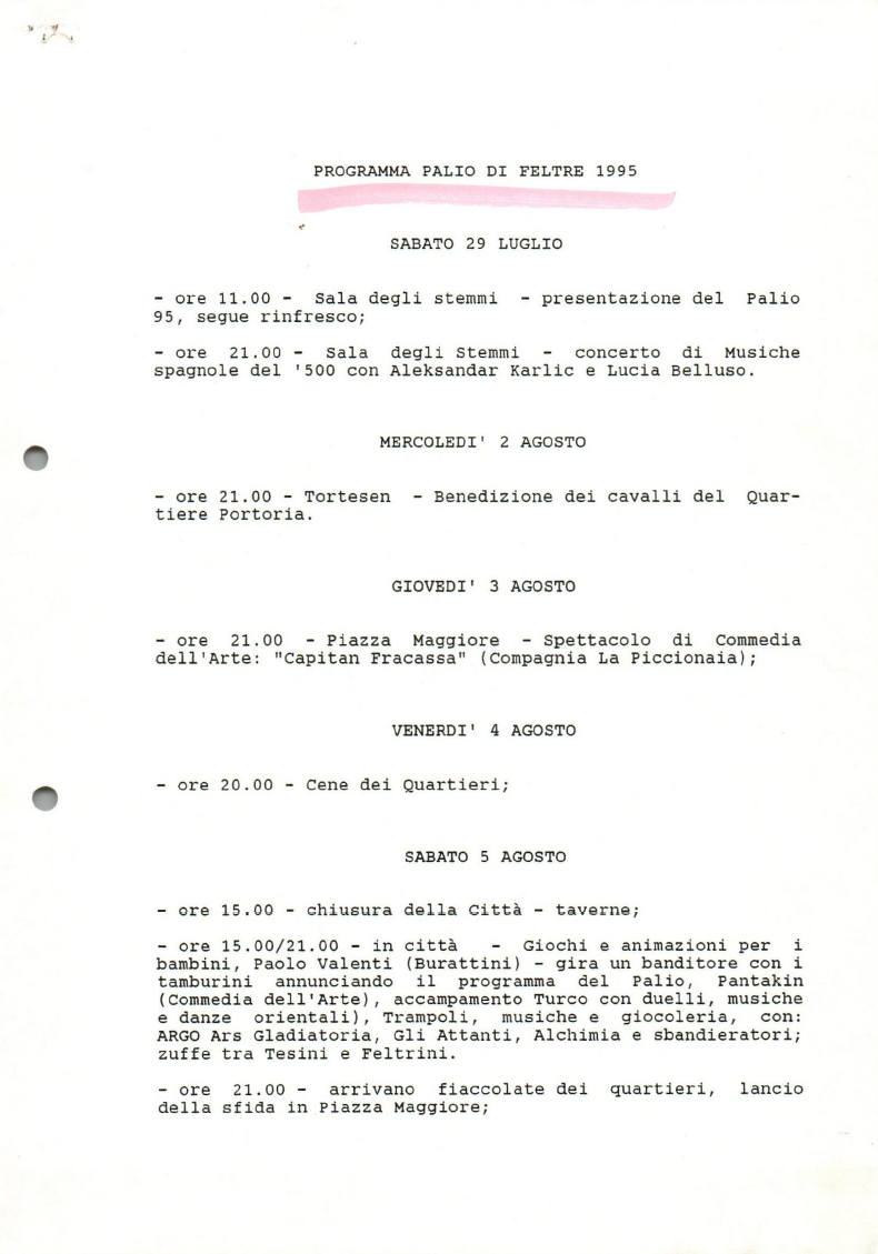 Programma edizione Palio 1995