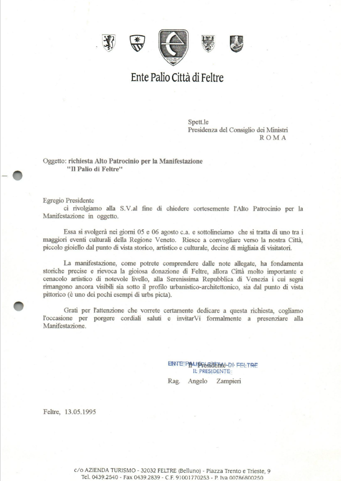 Richiesta di Alto Patrocinio per il Palio di Feltre 1995