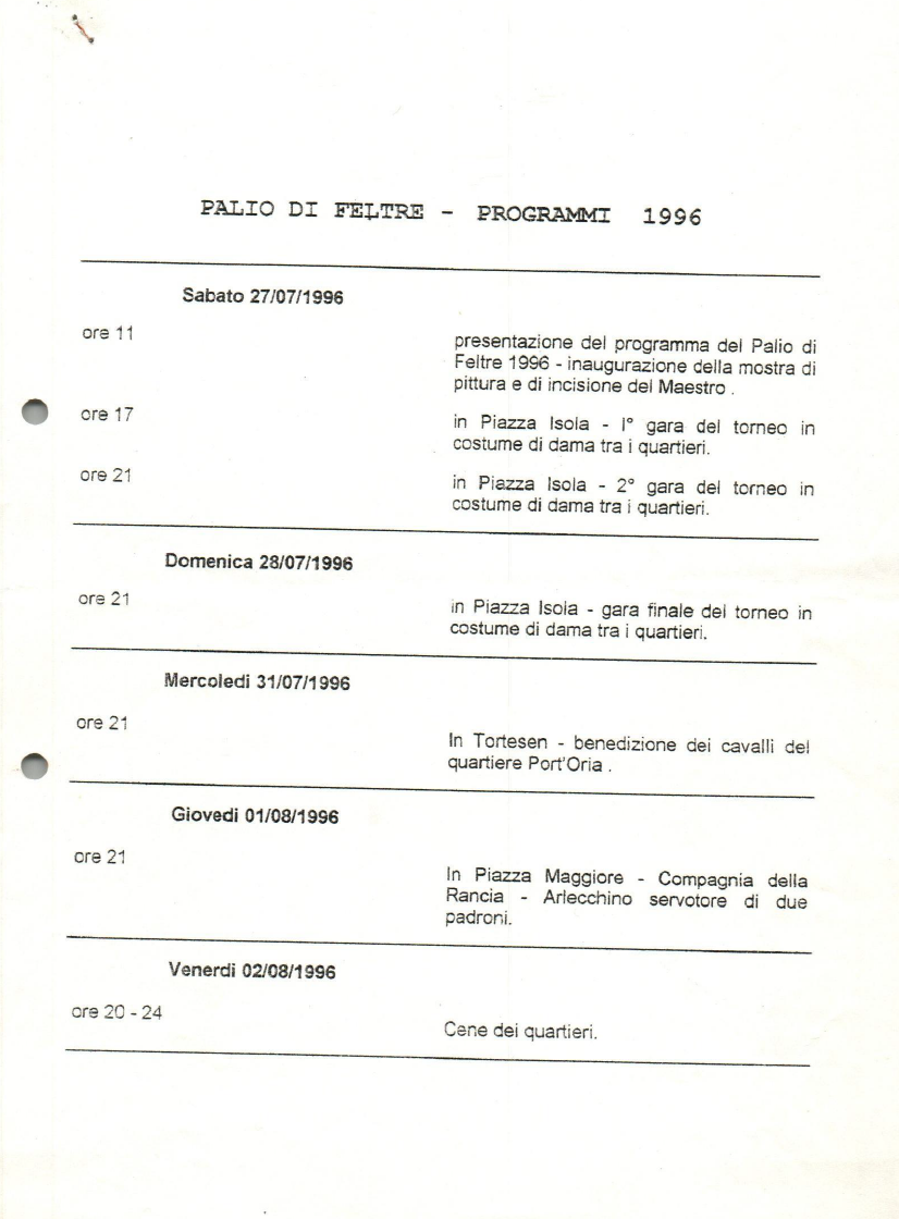 Programma Palio di Feltre edizione 1996