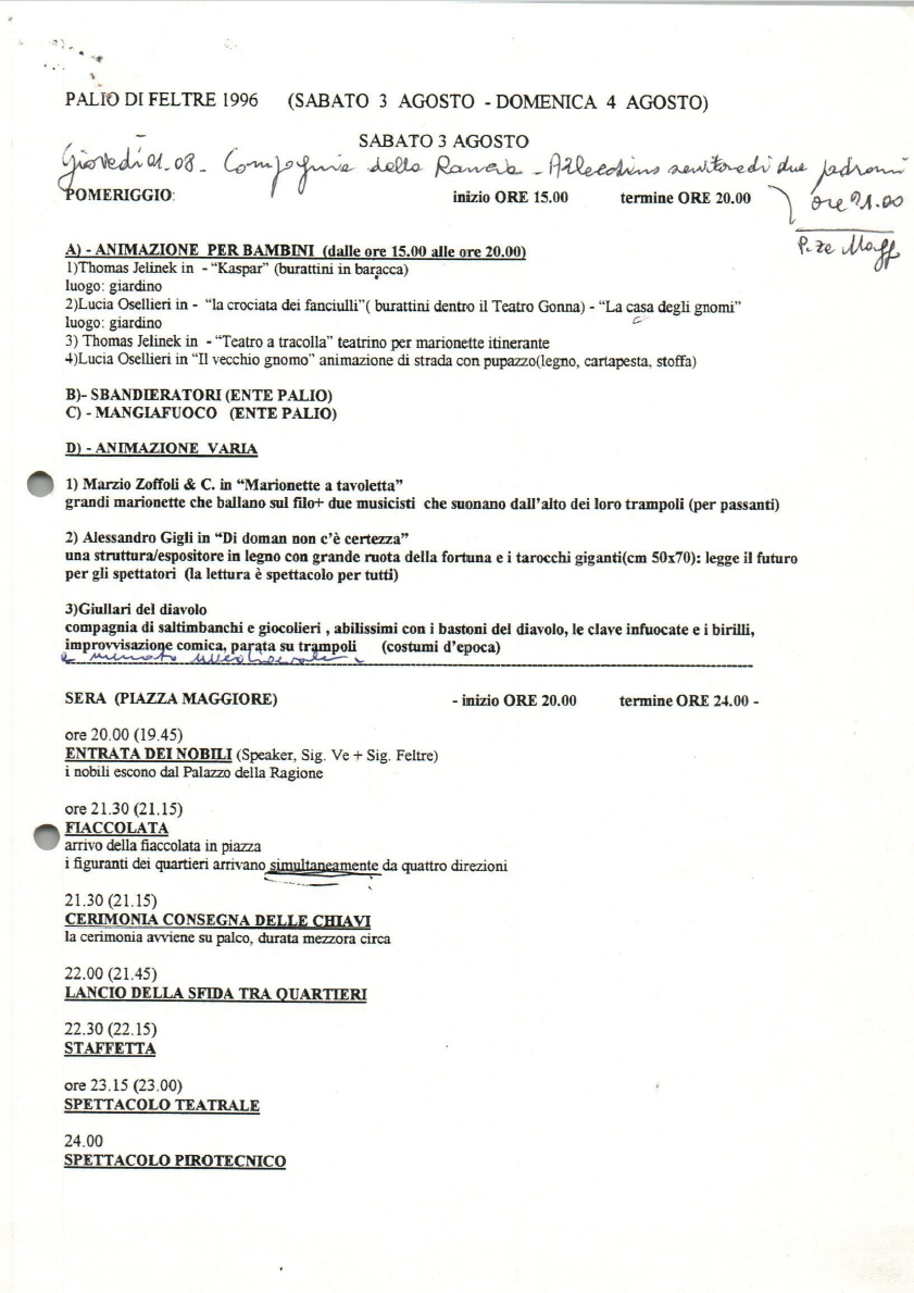 Programma Palio di Feltre edizione 1996
