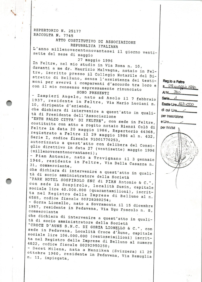 Atto costitutivo di Associazione, 1996