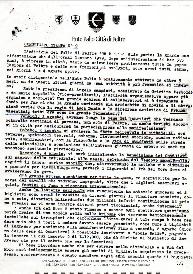 Comunicato Stampa Palio 1996