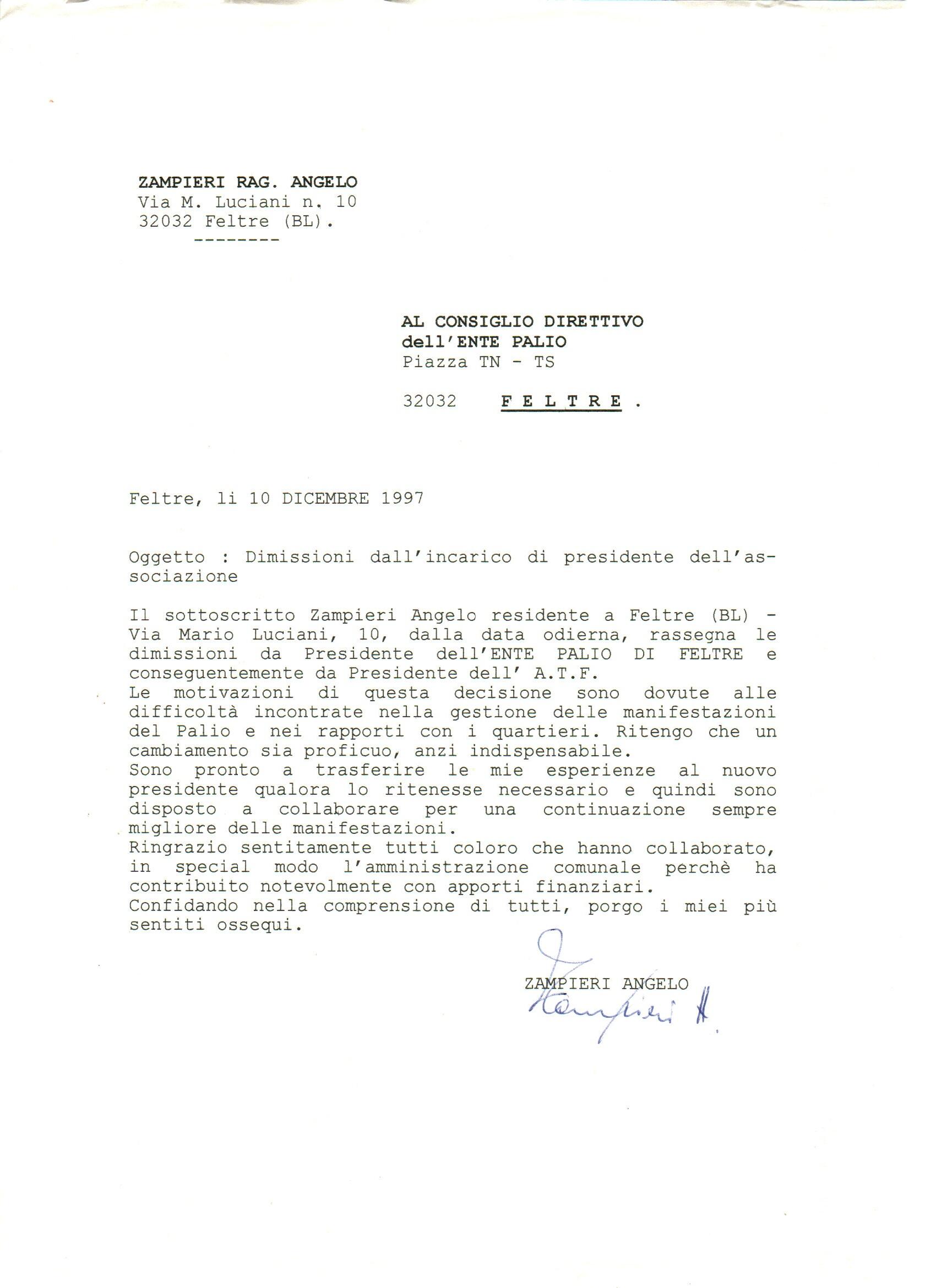 Dimissioni presidente Zampieri Angelo